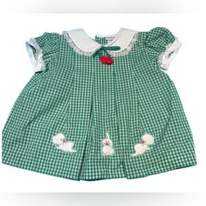 Vintage Nanette Little Girls Green Gingham with 3 Embroidered Kittens Size 24M